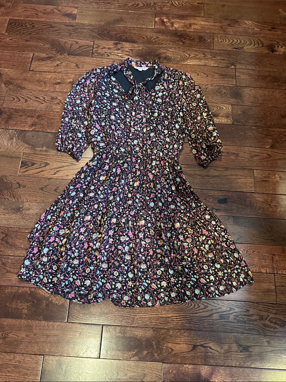 Nanette Lepore Black Floral Tie-Neck Dress